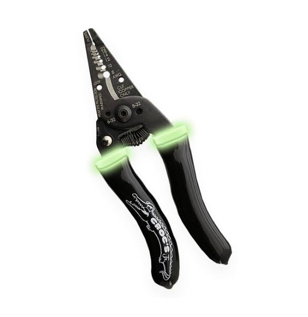 Croc’s jr. Needle nose wire strippers by Rack-A-Tiers with glow-in-the-dark handles lit up.